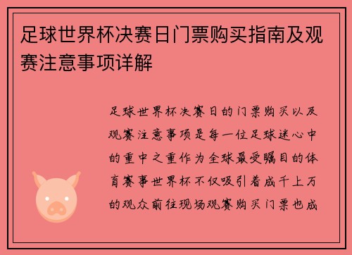 足球世界杯决赛日门票购买指南及观赛注意事项详解 足球世界杯决赛日门票购买指南及观赛注意事项详解