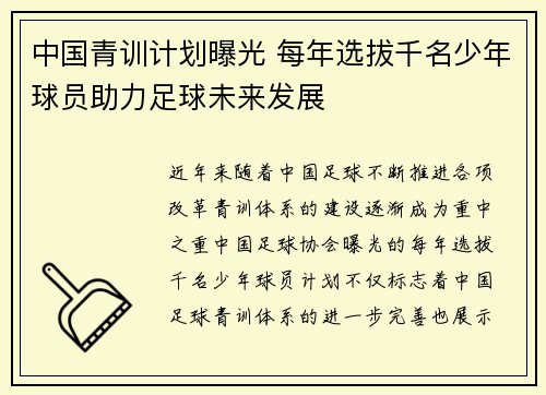 中国青训计划曝光 每年选拔千名少年球员助力足球未来发展 中国青训计划曝光 每年选拔千名少年球员助力足球未来发展